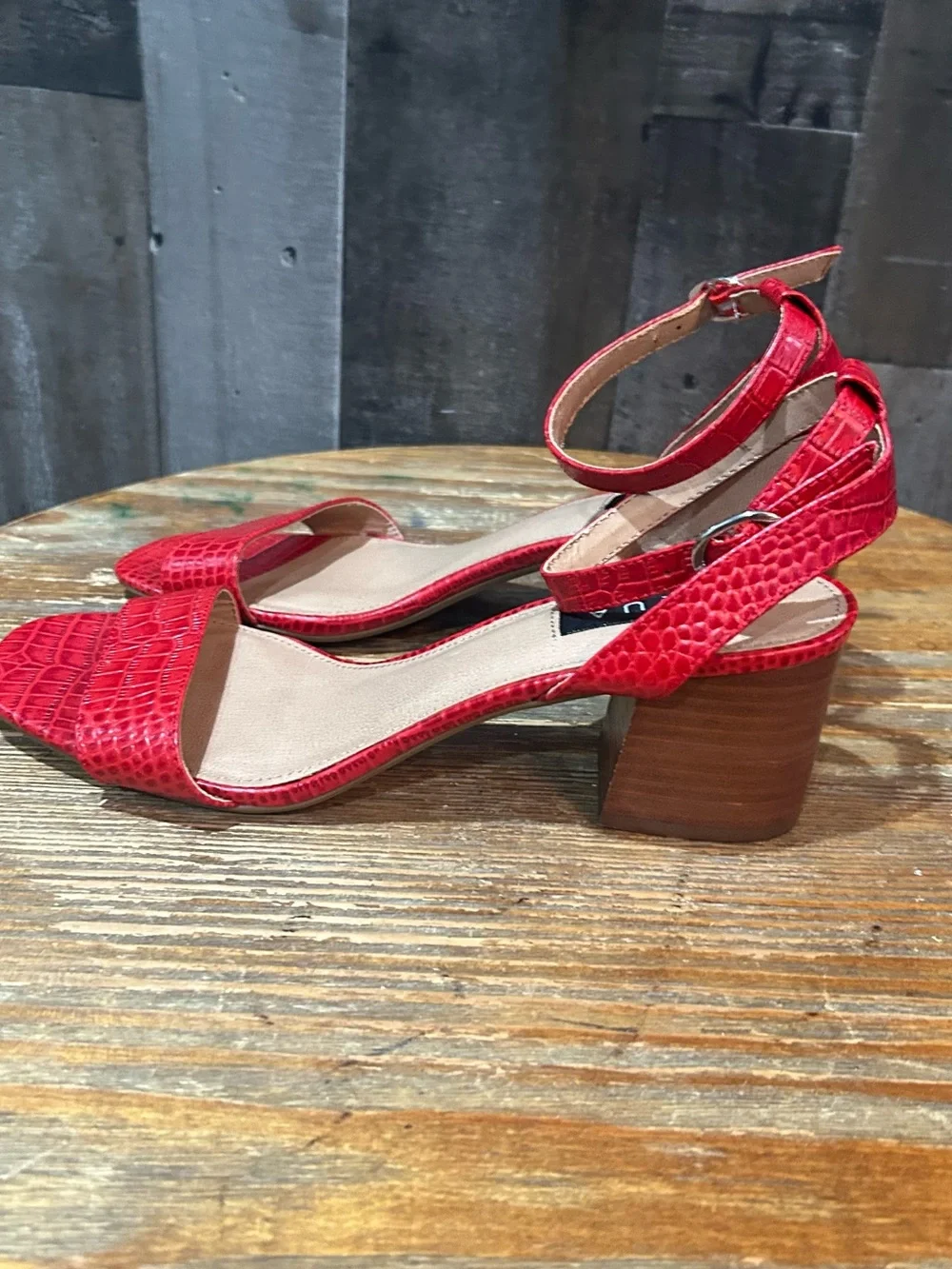 Aqua Red Croc-Embossed Block Heel Sandals with Ankle Strap